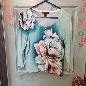 White House Black Market Aqua Teal Floral Cardigan